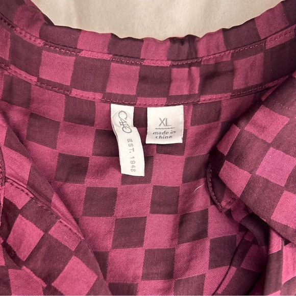 Cato Burgundy Checker Button Down Tunic Top XL Tie Waist Long Sleeve Blouse - Picture 6 of 8